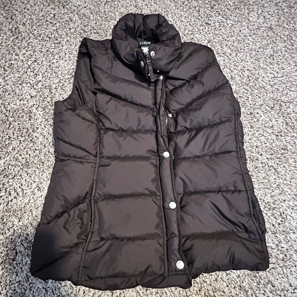 J.Crew Womens Brown Chevron Quilted Down Puffer Vest Large Stand Collar Zip Snap